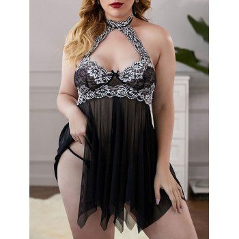 

Flyaway Sheer Lace Mesh Halter T-back Plus Size Babydoll, Black