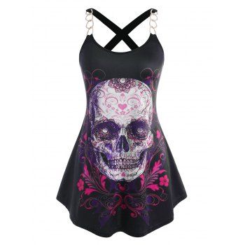 

Plus Size Chain Halloween Skull Cross Back Tank Top, Black