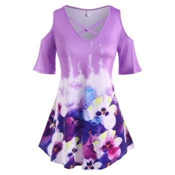 

Plus Size Watercolor Flower Open Shoulder Cross Tee, Purple