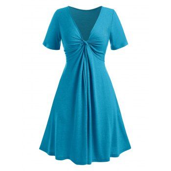 

Plus Size Front Twist V Neck Dress, Blue