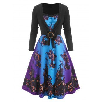

Lace Insert 3D Print Ombre Dress with O Ring T Shirt, Multicolor