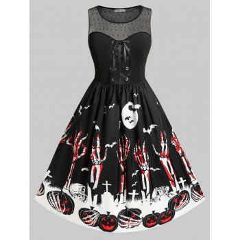 

Plus Size Halloween Pumpkin Skeleton Hands Lace-up Vintage Dress, Black