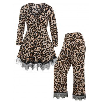 Plus Size Leopard Lace Panel Cinched Pants Set dresslily imagine noua 2022