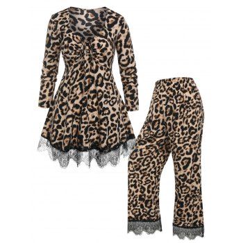 

Plus Size Leopard Lace Panel Cinched Pants Set, Coffee