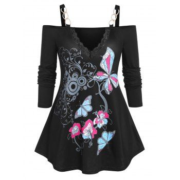 

Plus Size Cold Shoulder Chains Butterfly Print Tee, Black