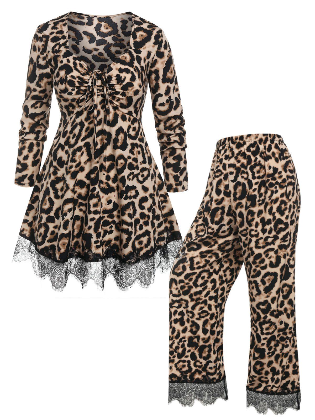Plus Size Leopard Lace Panel Cinched Pants Set - COFFEE 4X