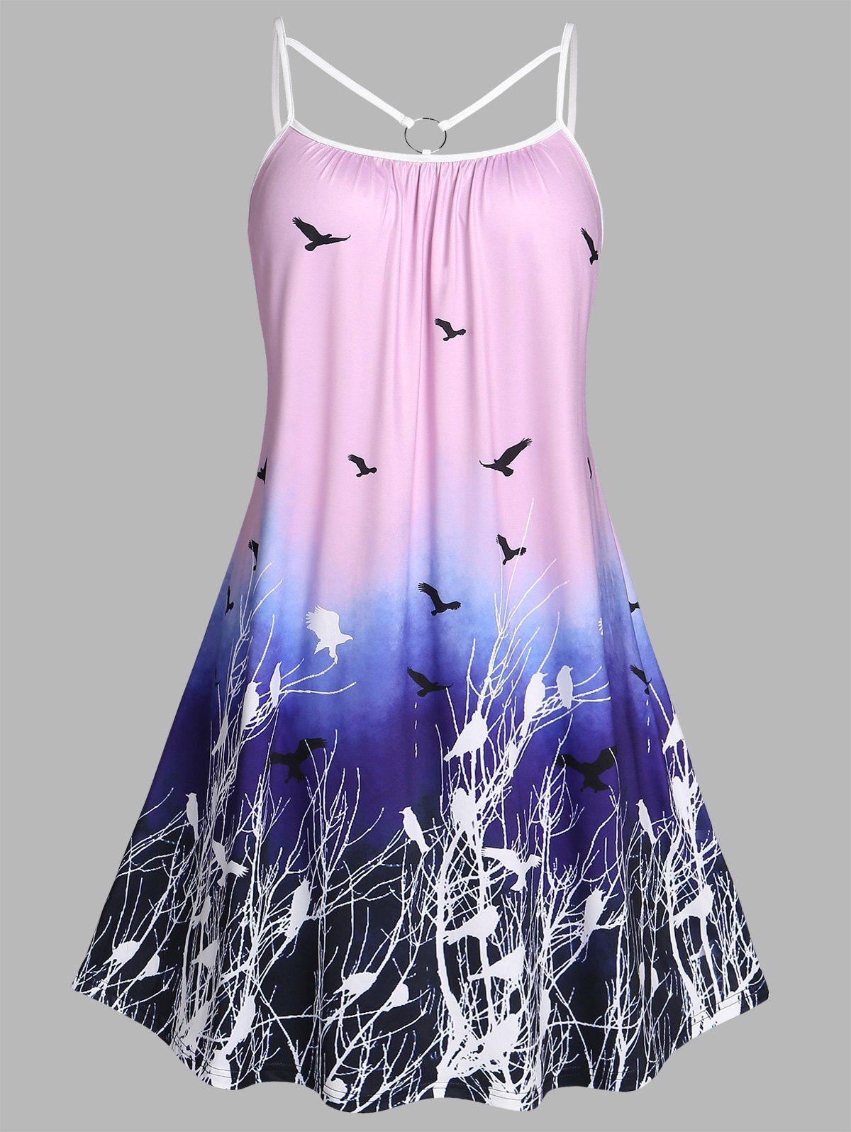 Plus Size Ombre Bird Print O Ring Sleeveless Dress - LIGHT PURPLE 4X