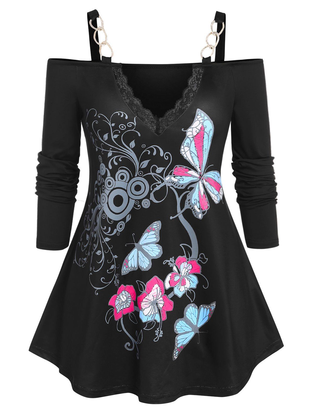 T-shirt à Imprimé Chaîne Papillon à Epaule Dénudée de Grande Taille - Noir 5X
