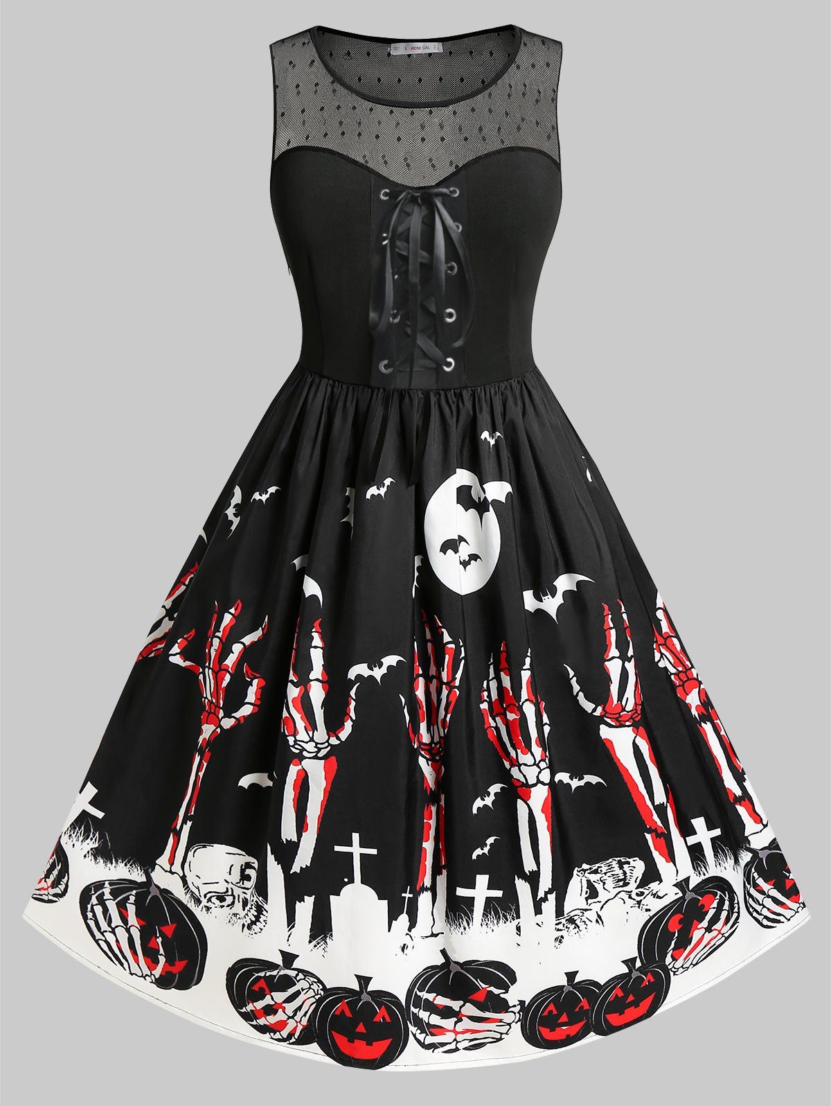 Plus Size Halloween Pumpkin Skeleton Hands Lace-up Vintage Dress - BLACK 1X