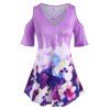 T-shirt Croisé Fleur Aquarelle à Epaule Dénudée de Grande Taille - Pourpre 3X
