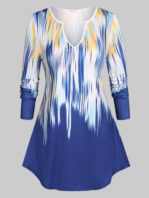 Abstract Print Notched Collar Plus Size Top