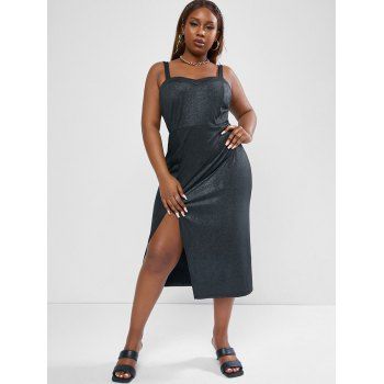 

Glitter Metallic Front Slit Plus Size Midi Dress, Black