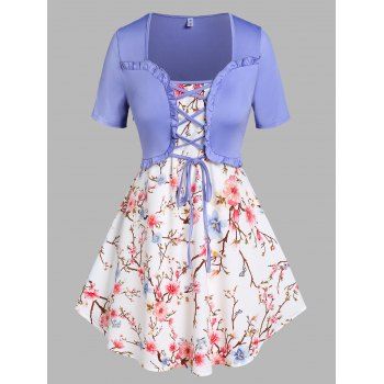 

Plus Size Floral Print Lace-up Faux Twinset T-shirt, Blue