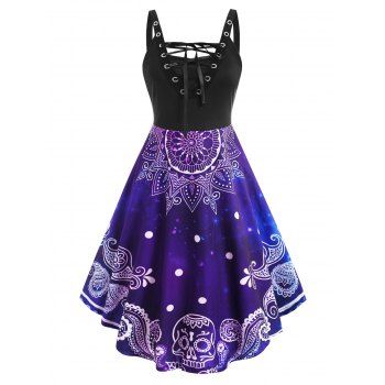 

Gothic Skull Paisley Floral Print Lace Up Grommet Midi Dress, Purple