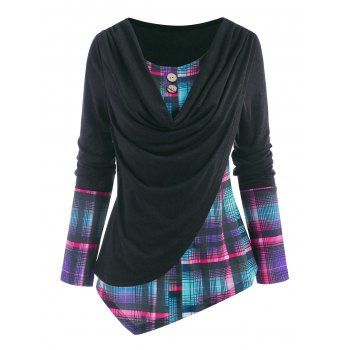 

Plaid Insert Mock Button Cowl Front T Shirt, Black