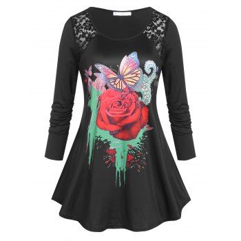 

Plus Size Rose Butterfly Print Tunic T-shirt, Black