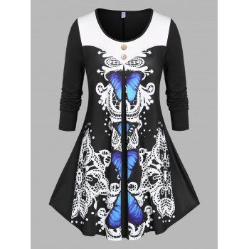 

Plus Size Butterfly Print A Line Long Sleeve Tee, Black