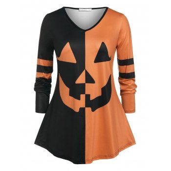 

Plus Size Pumpkin Face Print Colorblock Tee, Multicolor