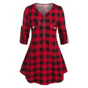 

Plus Size Plaid Zip Roll Up Sleeve Tunic Tee, Red