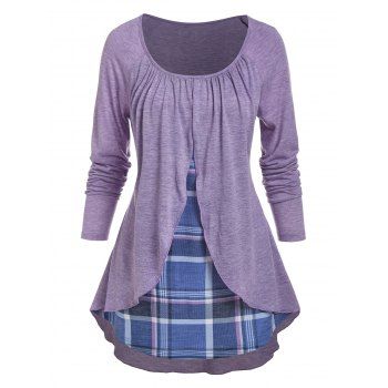 

Plaid Print Overlay Heathered Faux Twinset T-shirt, Light purple