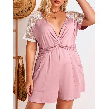 

Plus Size Lace Insert Twisted Pocket Romper, Light pink