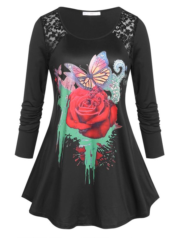 T-shirt Tunique à Imprimé Rose et Papillon Grande Taille - Noir 5X