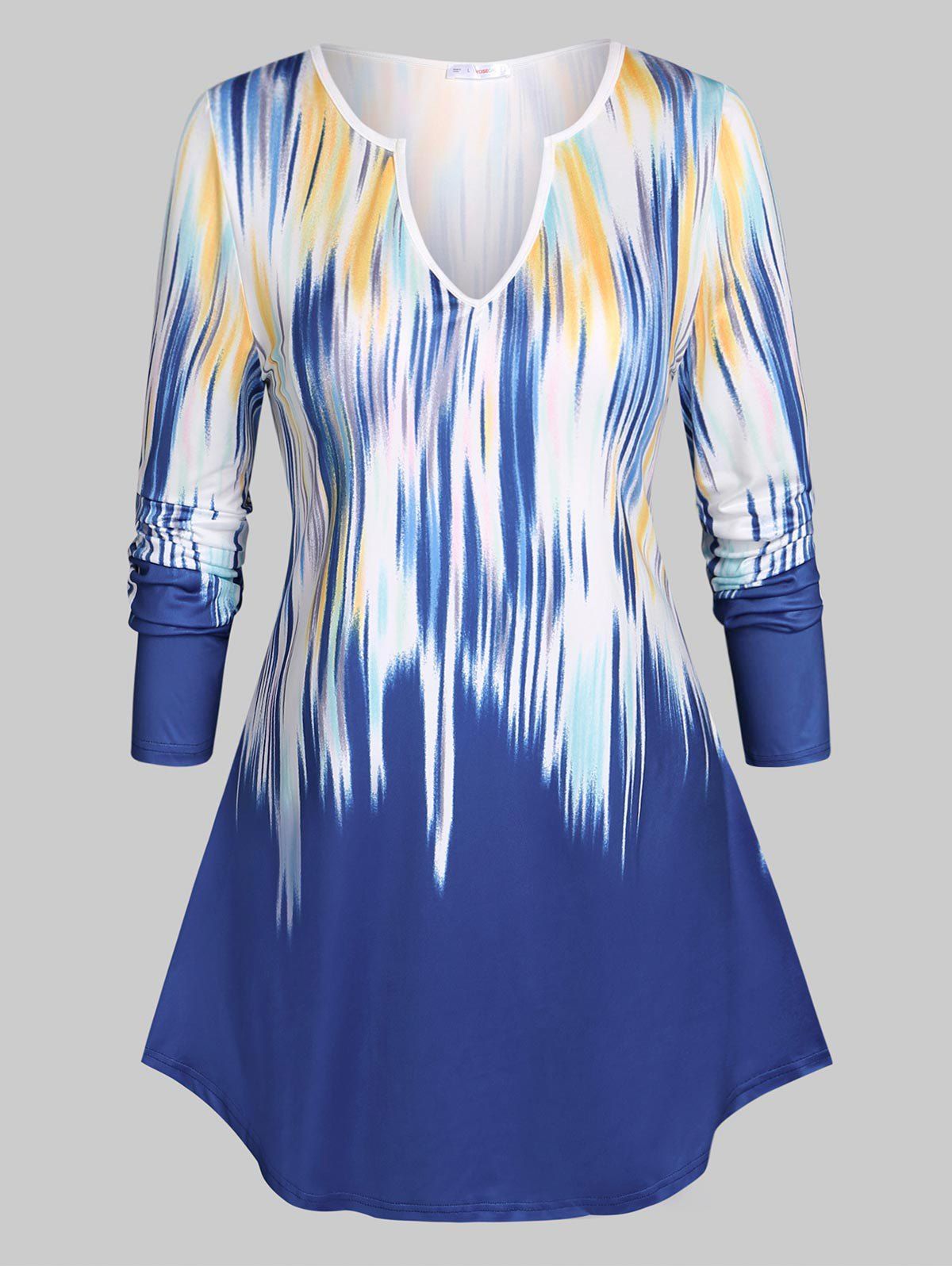 Abstract Print Notched Collar Plus Size Top - BLUE 5X