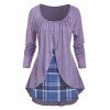 T-shirt Chiné Superposé à Carreaux Imprimé Fausse Deux Pièces - Violet clair L