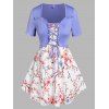 T-shirt Fleuri Imprimé de Grande Taille Fausse Deux Pièces à Lacets - Bleu 1X