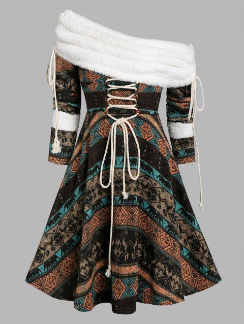 Faux Shearling Tribal Print Lace-up Fleece Dress