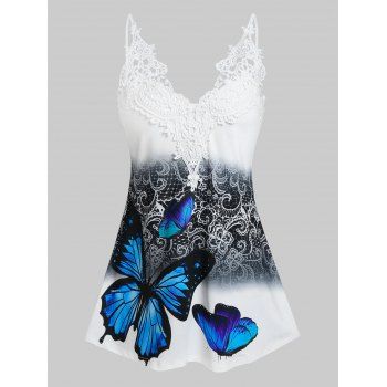 

Flower Butterfly Print Lace Insert Tank Top, White