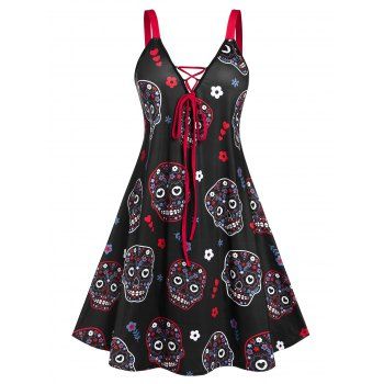 

Plus Size Flower Skull Lace Up Sleeveless Dress, Black