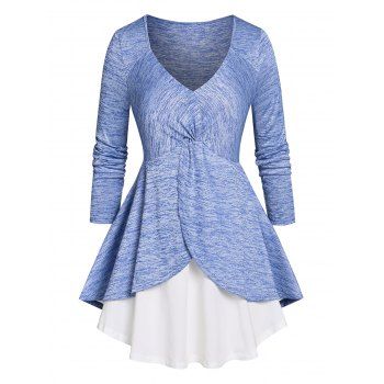 

Plus Size Front Twist Overlap Heathered T Shirt, Blue