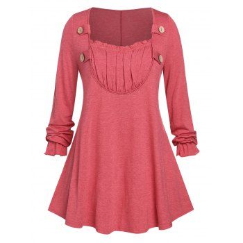 

Plus Size Ruched Detail Frilled Buttoned Long Sleeve Tunic Top, Red