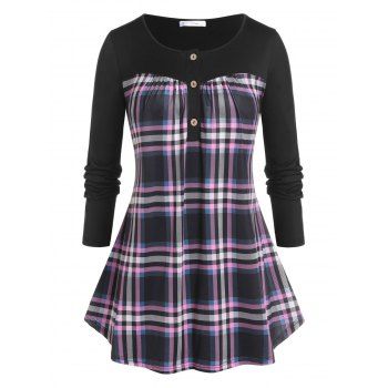 

Plus Size Long Sleeve Plaid Print Henley T-shirt, Light purple