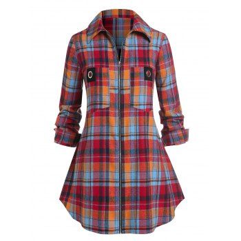 

Plus Size Zipper Grommet Pocket Plaid Shirt, Multicolor