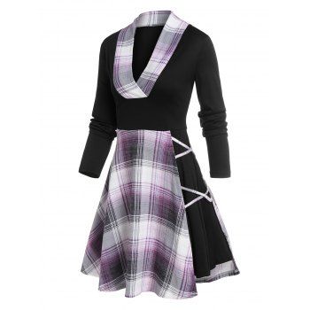 

Plaid Print Criss-cross Overlay Dress, Light purple