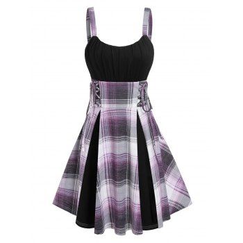 

Plaid Print Sleeveless Lace-up Dress, Light purple