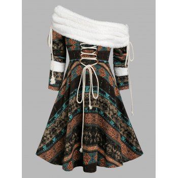 

Faux Shearling Tribal Print Lace-up Fleece Dress, Deep coffee