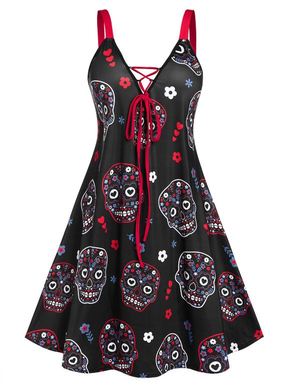 Robe Crâne Fleur sans Manches de Grande Taille à Lacets - Noir 2X