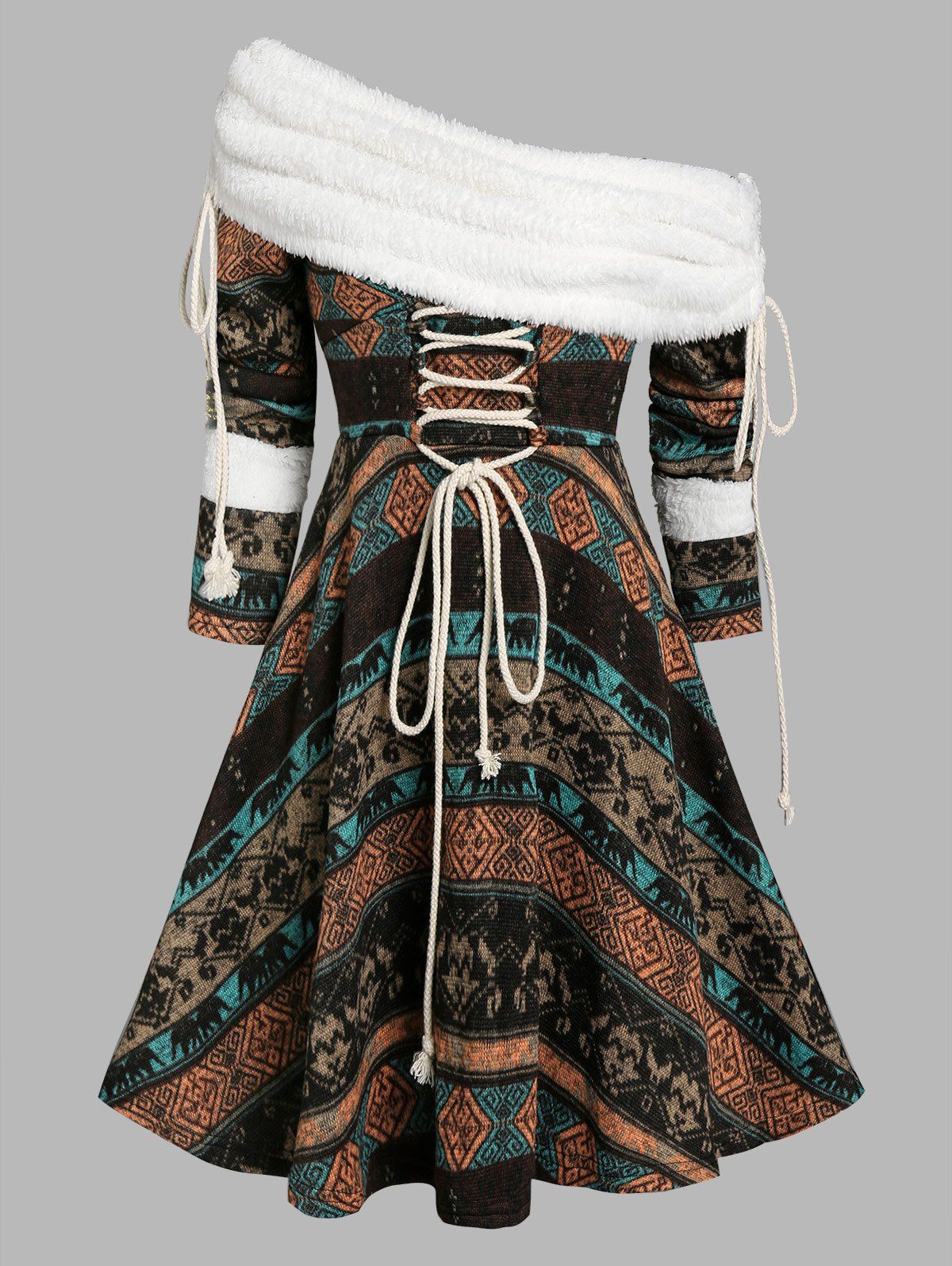 Faux Shearling Tribal Print Lace-up Fleece Dress - DEEP COFFEE L