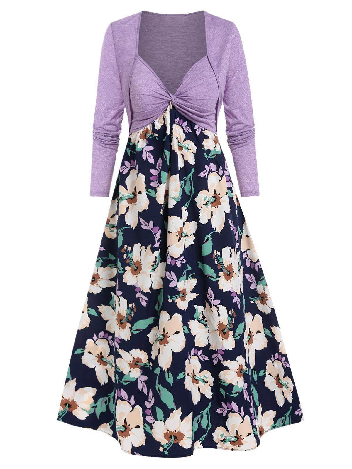 Flower Print Twist Front Cami Dress and Cropped Cardigan - LIGHT PURPLE XXXL