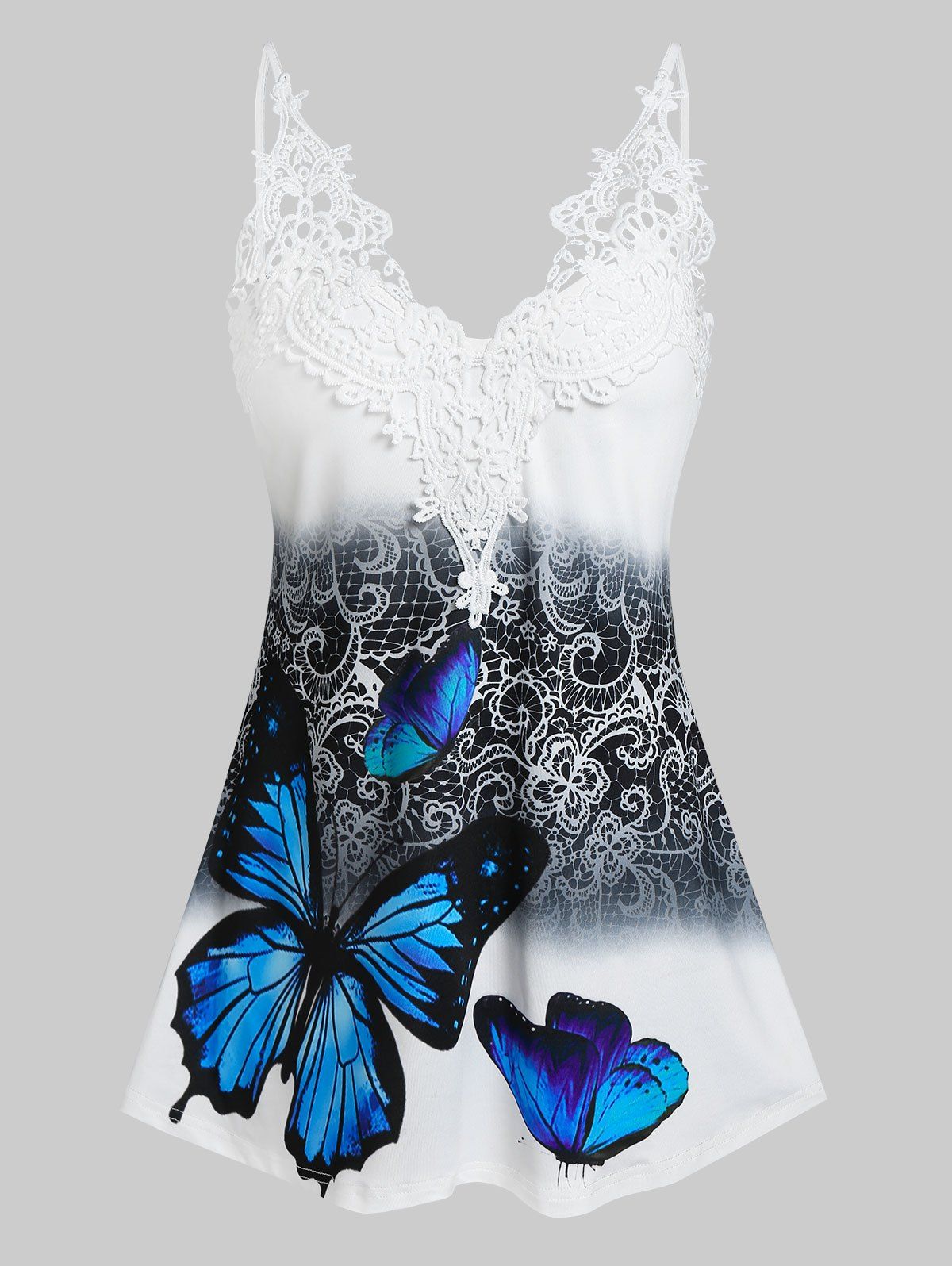 Flower Butterfly Print Lace Insert Tank Top - WHITE XXXL