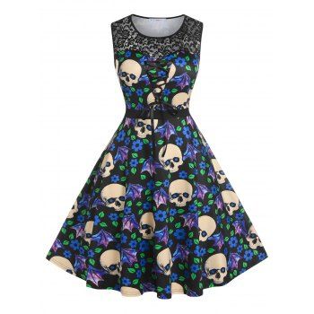 

Plus Size Skull Floral Print Lace Insert Lace-up Dress, Black