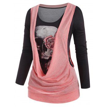 

Skull Print Halloween T-shirt and Drop Armhole Cowl Front Top, Light pink