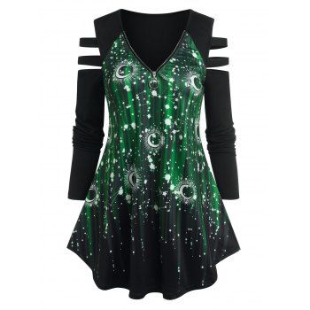 

Sun Moon Star Print Zipper Cold Shoulder Ladder Cut T Shirt, Black