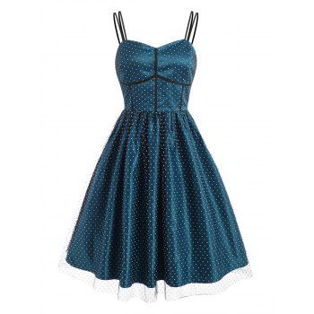 

Vintage Corset Style Swiss Dot Mesh Overlay Fit and Flare Cami Dress, Blue