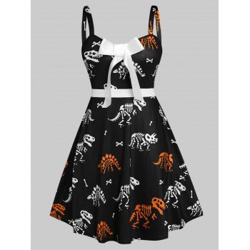 

Plus Size Dinosaur Skeleton Print Bowknot Detail Sleeveless Dress, Black