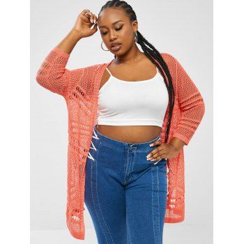 

Open Knit Open Placket Solid Plus Size Cardigan, Orange