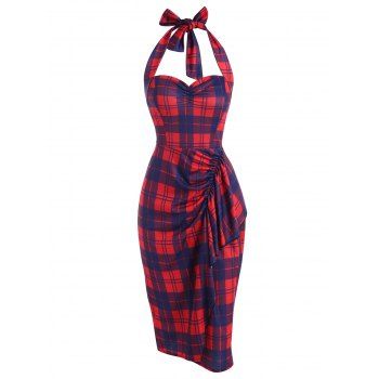 

Plaid Halter Backless Ruffle Sheath Dress, Red